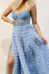 Sky Blue Spaghetti-Straps Mermaid Prom Dress Sweetheart Layers Tulle With Slit-Ballbella