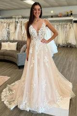 Sleeveless A-Line Floor Length Spaghetti Straps Wedding Dresses-Ballbella