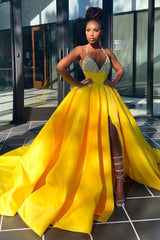 Sleeveless Ball Gown Spaghetti Backless Beading Prom Dress-Ballbella