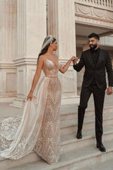 Sleeveless Floral Lace Mermaid Wedding Dress Detachable Train-Ballbella