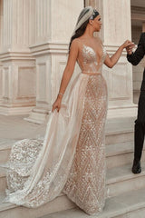 Sleeveless Floral Lace Mermaid Wedding Dress Detachable Train-Ballbella