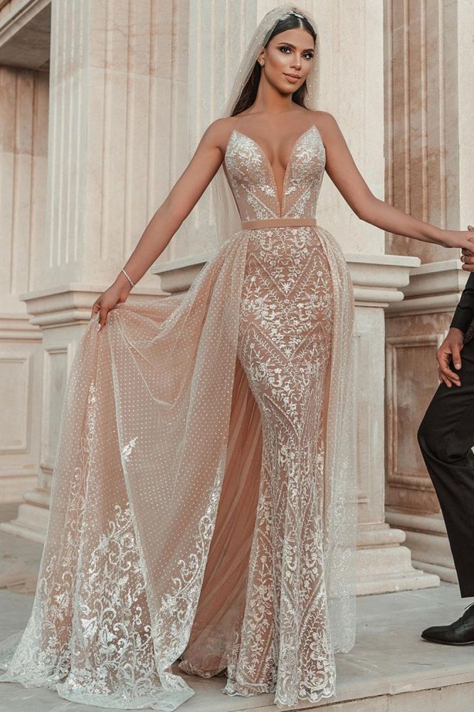 Sleeveless Floral Lace Mermaid Wedding Dress Detachable Train Sleeveless Floral Lace Mermaid Wedding Dress Detachable Train
