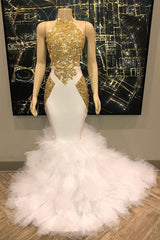 Sleeveless Golden Appliques Tulle Button Mermaid Prom Dresses-Ballbella
