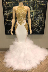 Sleeveless Golden Appliques Tulle Button Mermaid Prom Dresses-Ballbella