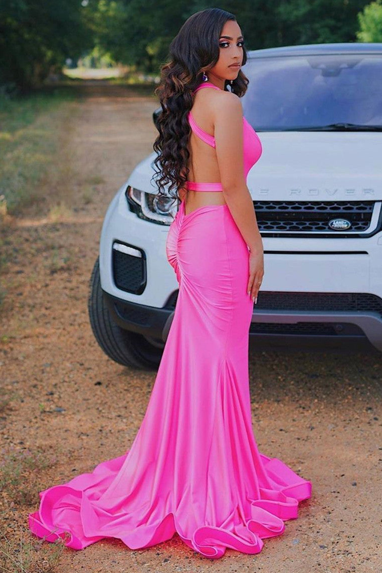 Sleeveless Hot pink Criss-cross back Mermaid Long Train Prom Dresses Sleeveless Hot pink Criss-cross back Mermaid Long Train Prom Dresses