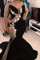 Sleeveless Jewel Sheer Appliques Chic Mermaid Prom Dresses Luxurious Elegant Black Evening Gowns With Chapel Train-Ballbella