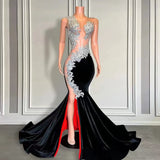Sleeveless Long Black Velvet Mermaid Prom Dress with Appliques and Beads-Ballbella
