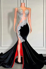 Sleeveless Long Black Velvet Mermaid Prom Dress with Appliques and Beads-Ballbella