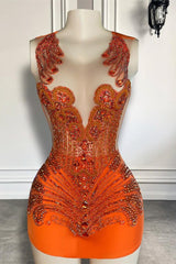Sleeveless Orange Short Prom Dresses with Scoop Neck and Beadings-Ballbella