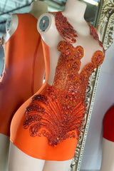 Sleeveless Orange Short Prom Dresses with Scoop Neck and Beadings-Ballbella