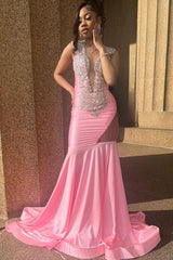 Sleeveless Pink Cutout Mermaid Long Prom Dresses-Ballbella