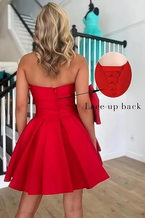 Sleeveless Ruched Short Homecoming Dresses Simple Mini Party Wear Dress with Bow Sleeveless Ruched Short Homecoming Dresses Simple Mini Party Wear Dress with Bow