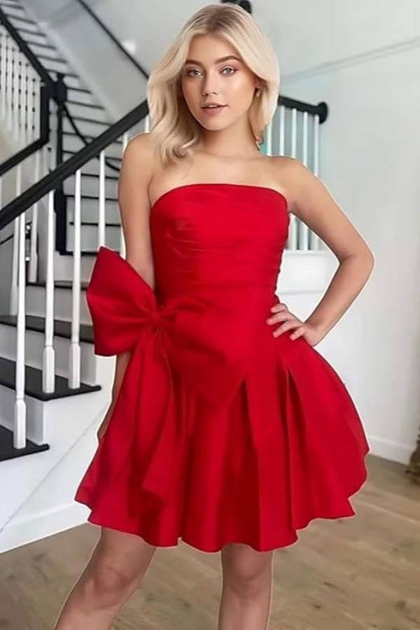 Sleeveless Ruched Short Homecoming Dresses Simple Mini Party Wear Dress with Bow Sleeveless Ruched Short Homecoming Dresses Simple Mini Party Wear Dress with Bow