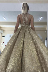 Sleeveless Straps Gold Sequin Ball Gown Long Sparkle Prom Party Gowns-Ballbella