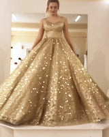 Sleeveless Straps Gold Sequin Ball Gown Long Sparkle Prom Party Gowns-Ballbella