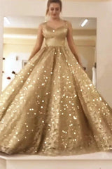 Sleeveless Straps Gold Sequin Ball Gown Long Sparkle Prom Party Gowns-Ballbella