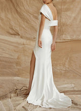Sleeveless Sweep Train Silk Like Satin Wedding Dresses-Ballbella