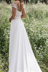 Sleeveless V neck Lace Chiffon A Line Floor Length Wedding Dresses-Ballbella