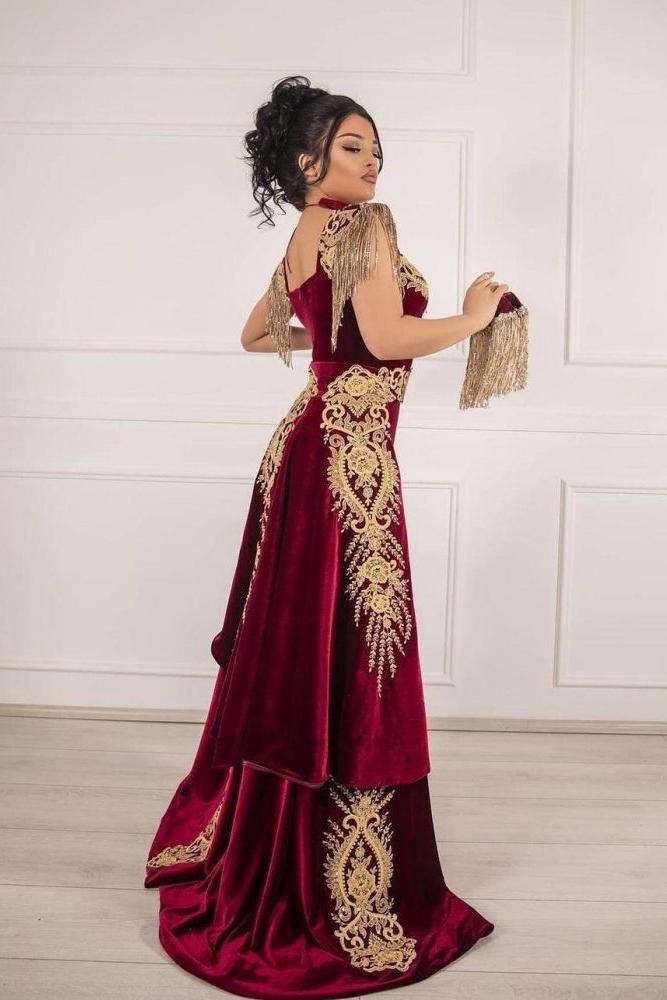Sleeveless Velvet Burgundy Mermaid Prom Party GownsTassel Gold Appliques Evening Gown with Front Split Sleeveless Velvet Burgundy Mermaid Prom Party GownsTassel Gold Appliques Evening Gown with Front Split
