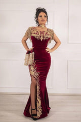 Sleeveless Velvet Burgundy Mermaid Prom Party GownsTassel Gold Appliques Evening Gown with Front Split-Ballbella