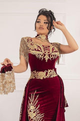 Sleeveless Velvet Burgundy Mermaid Prom Party GownsTassel Gold Appliques Evening Gown with Front Split-Ballbella