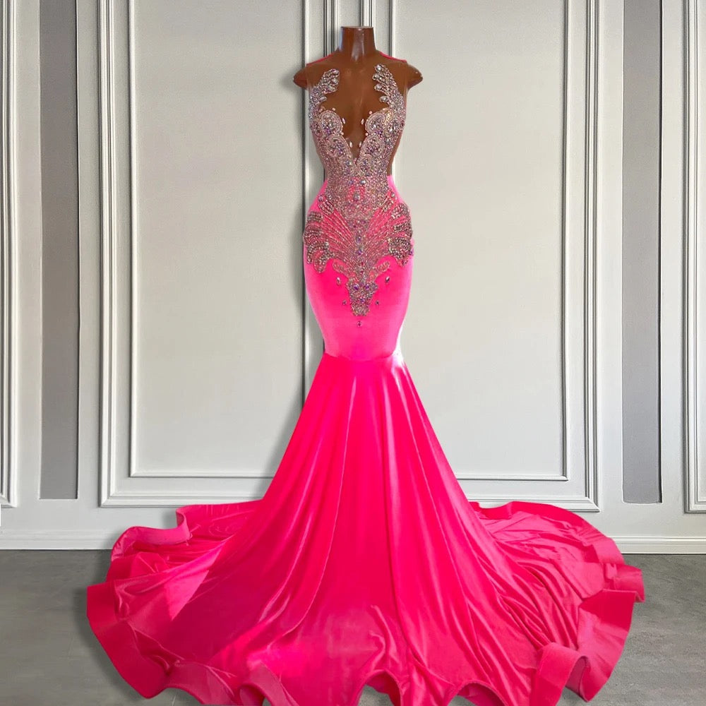 Sleeveless Velvet Mermaid Style Dress with Beadings in Pink Barbie Col Ballbella Sleeveless Velvet Mermaid Style Dress with Beadings in Pink Barbie Col Ballbella