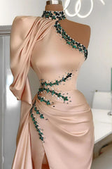 Slit Beading Satin Long Prom Dress One Shoulder With Long Sleeve On One Side-Ballbella