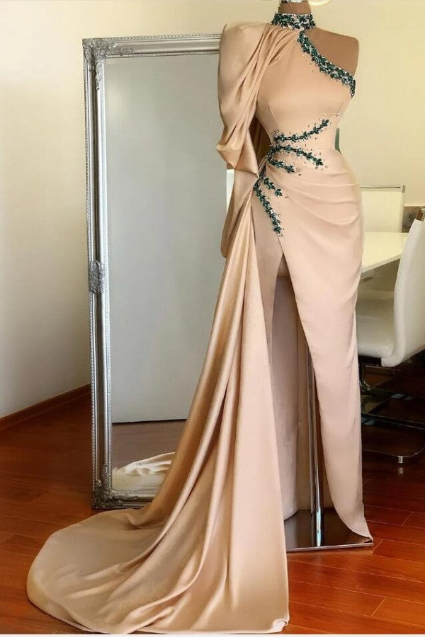 Slit Beading Satin Long Prom Dress One Shoulder With Long Sleeve On One Side Slit Beading Satin Long Prom Dress One Shoulder With Long Sleeve On One Side