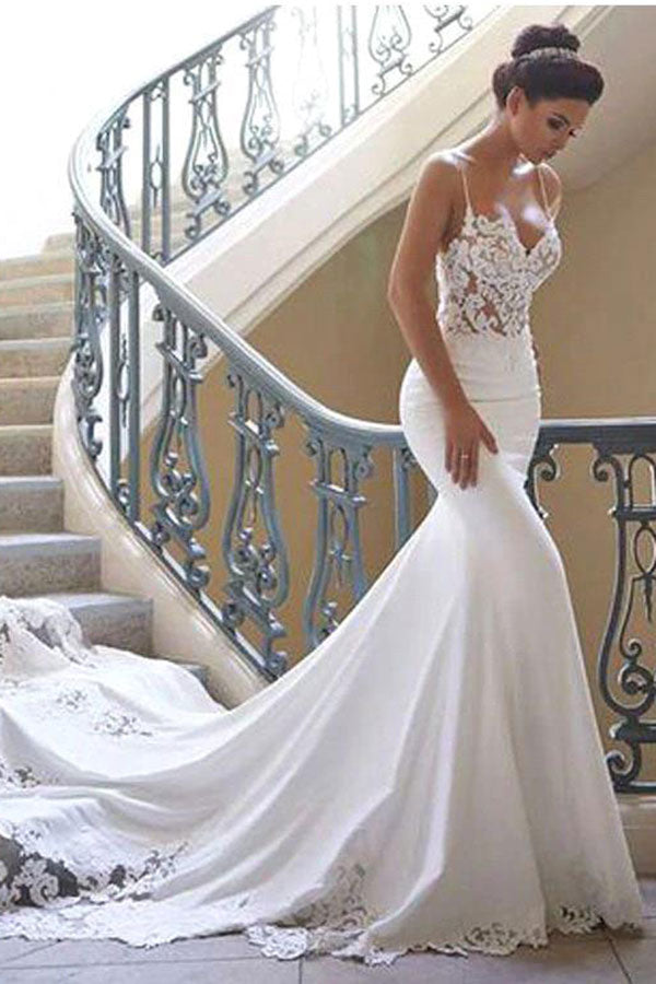 Spaghetti Strap Lace Wedding Dress Online with Chapel Train Spaghetti Strap Lace Wedding Dress Online with Chapel Train