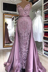 Spaghetti Strap Lilac Sleeveless Evening Dress with Overskirt Chic V-back Prom Party Gowns with gorgeous Lace appliques-Ballbella