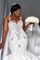 Spaghetti Strap Luxurious Sweetheart Wedding Dress Beading Appliques Mermaid Bridal Dresses-Ballbella