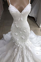 Spaghetti Strap Real Model White Mermaid Wedding Dresses with AmazingLace Appliques-Ballbella