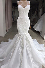 Spaghetti Strap Real Model White Mermaid Wedding Dresses with AmazingLace Appliques-Ballbella