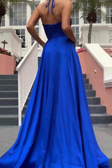 Spaghetti Strap Shiny Royal Blue Prom Party Gowns with High Split Chic V-neck Princess Evening dress On Sale-Ballbella