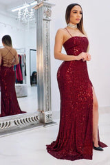 Spaghetti-straps Criss-cross Long Slit Sequins Mermaid Prom Dresses-Ballbella