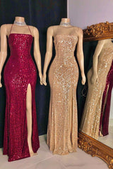 Spaghetti-straps Criss-cross Long Slit Sequins Mermaid Prom Dresses-Ballbella