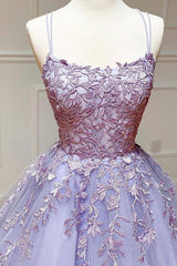 Spaghetti Straps Floral Lace Aline Evening Gown Sleeveless Prom Party Gowns-Ballbella