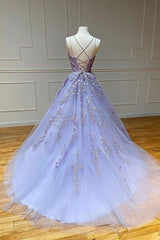 Spaghetti Straps Floral Lace Aline Evening Gown Sleeveless Prom Party Gowns-Ballbella