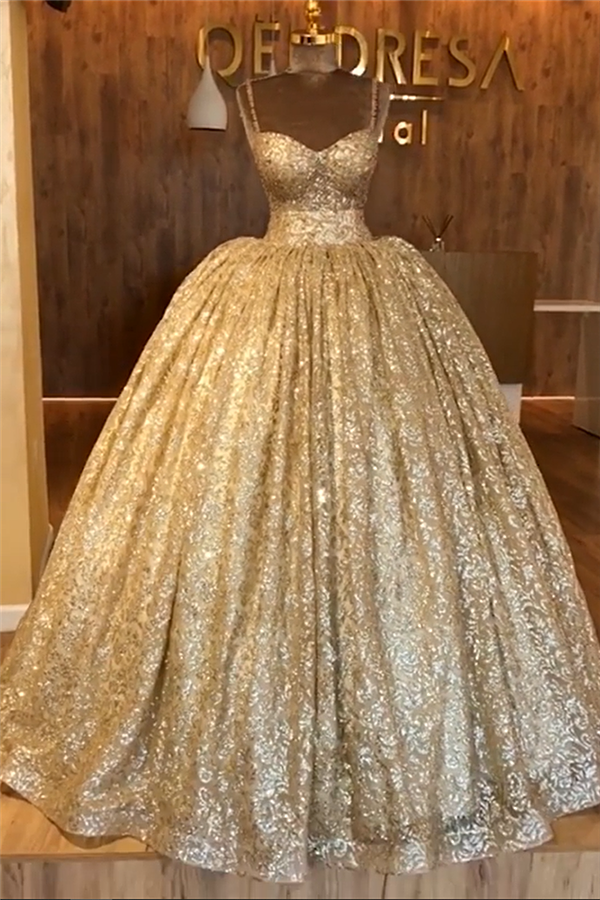 Spaghetti Straps Gold Beaded Lace Evening Dress Luxurious Ball Gown Princess Open Back Prom Party Gowns Spaghetti Straps Gold Beaded Lace Evening Dress Luxurious Ball Gown Princess Open Back Prom Party Gowns