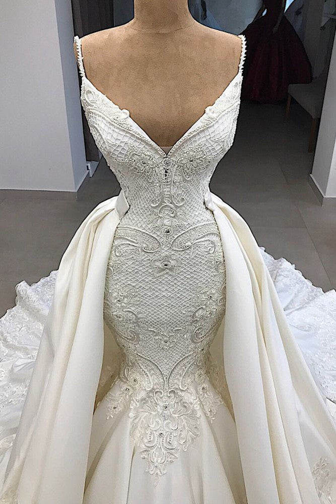 Spaghetti Straps Lace Fit and Flare Wedding Dresses Overskirt Appliques Detachable Satin Backless Bridal Gowns Spaghetti Straps Lace Fit and Flare Wedding Dresses Overskirt Appliques Detachable Satin Backless Bridal Gowns