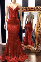Spaghetti Straps Lace-up Red Sequins V-neck Mermaid Prom Dresses-Ballbella