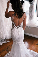 Spaghetti Straps Mermaid Floor Length Lace Wedding Dresses with Chapel Train-Ballbella