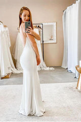 Spaghetti Straps V neck Sheath Wedding Dresses Modern Backless Bridal Gowns-Ballbella