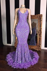 Spaghetti V-neck Sequins Floor Length Fur Train Mermaid Prom Dresses-Ballbella