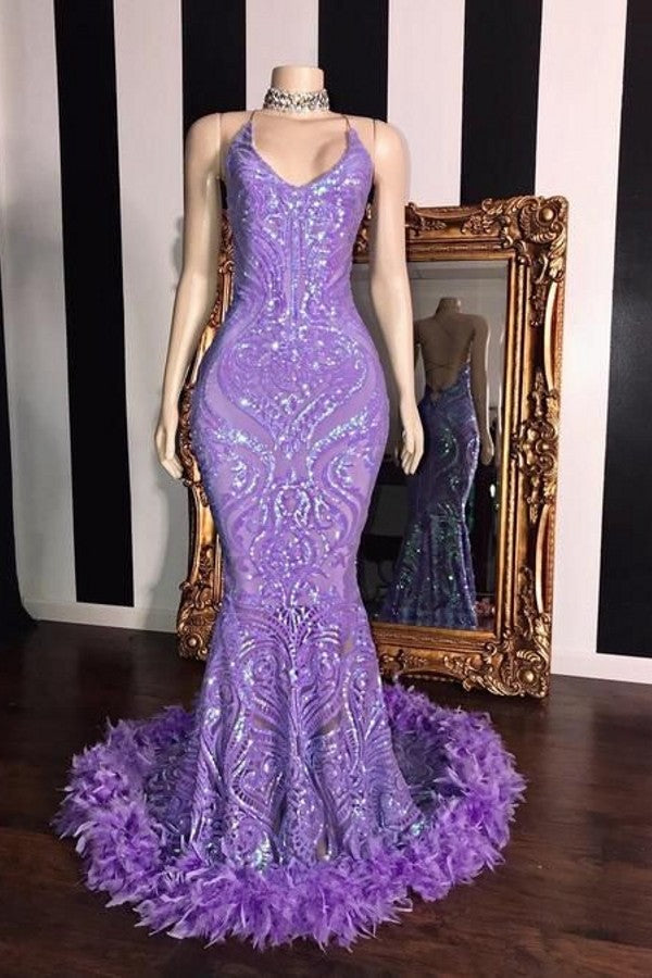 Spaghetti V-neck Sequins Floor Length Fur Train Mermaid Prom Dresses Spaghetti V-neck Sequins Floor Length Fur Train Mermaid Prom Dresses