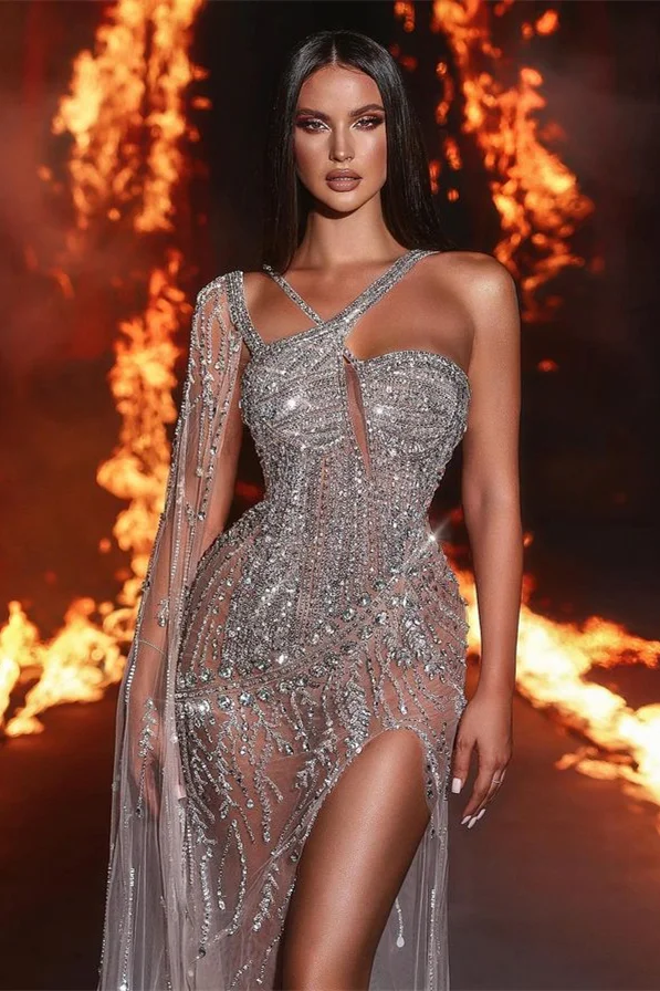 Spakle Silver Sequin Sparkle Beaded See through High Split Prom Dresses with Cape Spakle Silver Sequin Sparkle Beaded See through High Split Prom Dresses with Cape