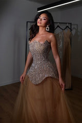 Sparking Bronze Strapless Sleeveless Tulle Prom Dress A-Line Long With Gem-Ballbella