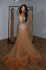 Sparking Bronze Strapless Sleeveless Tulle Prom Dress A-Line Long With Gem-Ballbella