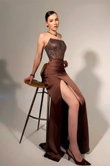 Sparking Chocolate Strapless Mermaid Prom Dresses Sleeveless High Split With Beads-Ballbella