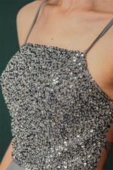 Sparkle Beaded Silver Halter Short Criss-cross Homecoming Dress-Ballbella